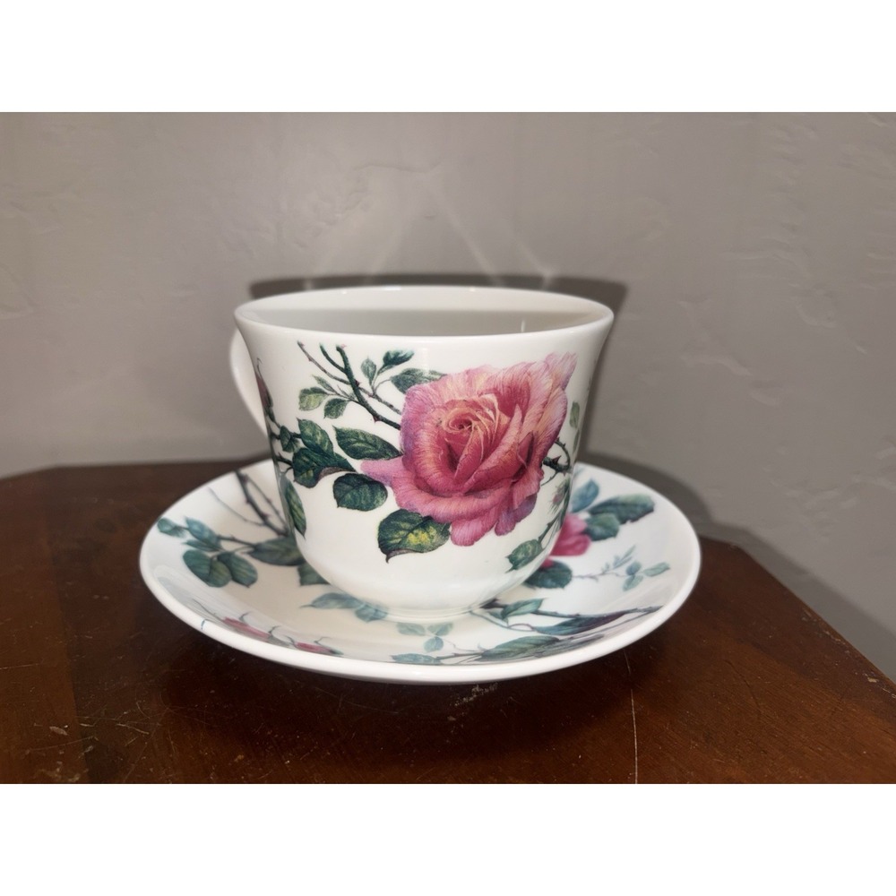 Roy Kirkham English Rose Teacup Saucer Set 1992 Fine Bone China England Vintage
